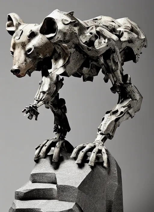 Image similar to a polished texturized granite statue of a cyber - mech hyena standing over a pile of bones, sculpted by bernini, ultrarealistic