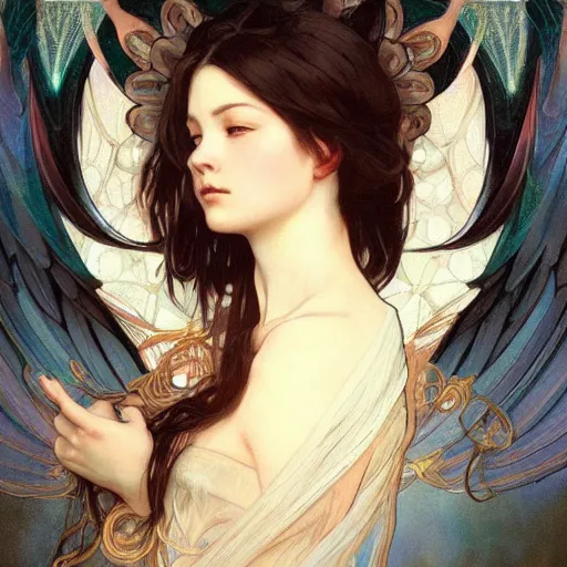 Image similar to a beautiful painting of a beautiful angel by ross tran!! and alphonse mucha and greg rutkowski! and gustav dore! and artgerm!!, in style of digital art illustration. symmetry. highly detailed face. fantasy, smooth, hyper detailed, sharp focus, soft light. trending on artstation. 4 k