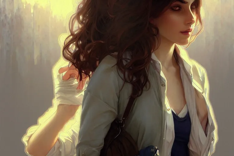 Image similar to Anxious pretty pale young arabian doctor wearing jeans at the airport, portrait, elegant, intricate, digital painting, artstation, concept art, smooth, sharp focus, illustration, art by artgerm and greg rutkowski and alphonse mucha