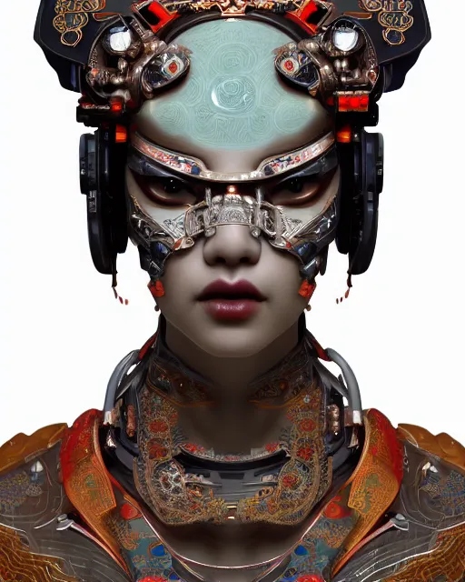 Image similar to portrait of a cyberpunk machine, machine face, upper half portrait, decorated with chinese opera motifs, asian, fine china, traditional chinese art, intricate, elegant, highly detailed, symmetry, headpiece, digital painting, artstation, concept art, smooth, sharp focus, illustration, art by artgerm and greg rutkowski and alphonse mucha, 8 k