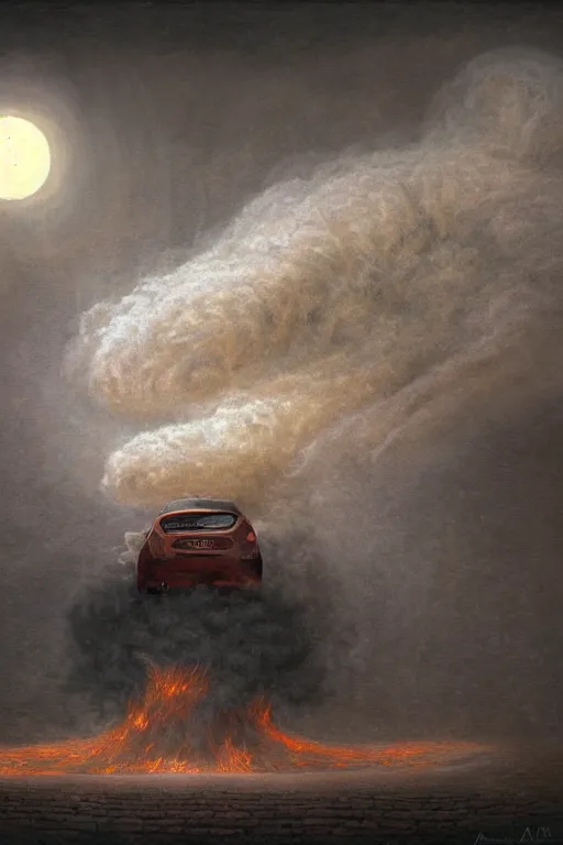 Prompt: Intricate stunning highly detailed FIAT 600 White from the 60s by agostino arrivabene and Vladimir Kush, surreal, digital painting, ultra realistic, Horror vacui, dramatic lighting, full moon, thick black swirling smoke tornado, burning fire embers, artstation