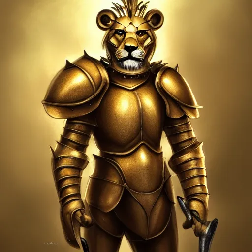 Image similar to a award winning commission photograph of an anthropomorphic lion with human features wearing a golden knight armor, digital art, character concept, highly detailed, deviantart, artstation, beautiful, photorealistic, imagination, fantasy, dramatic