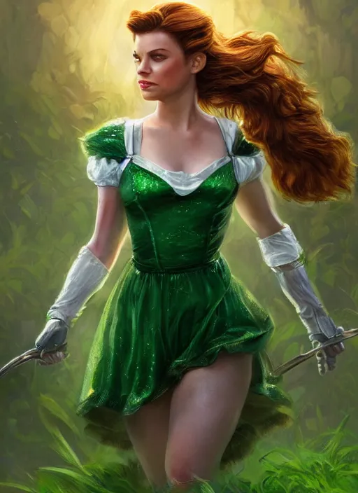 Image similar to beautiful female dorothy gale, rebecca romijn as dorothy, full body character concept, covered in full emerald armor, armor plating, art nouveau, super powers, fantasy, intricate, elegant, highly detailed, digital painting, artstation, concept art, shining, sharp focus, illustration, art by stanley lau