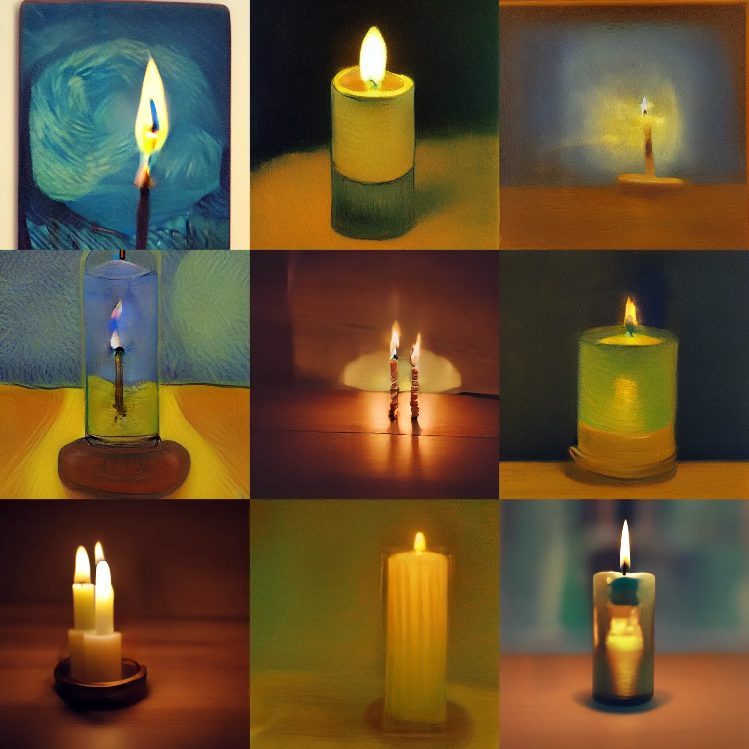 Prompt: candle in the dark, lit on a candle holder, on a wooden table, in the dark, painted by Vincent van Gogh