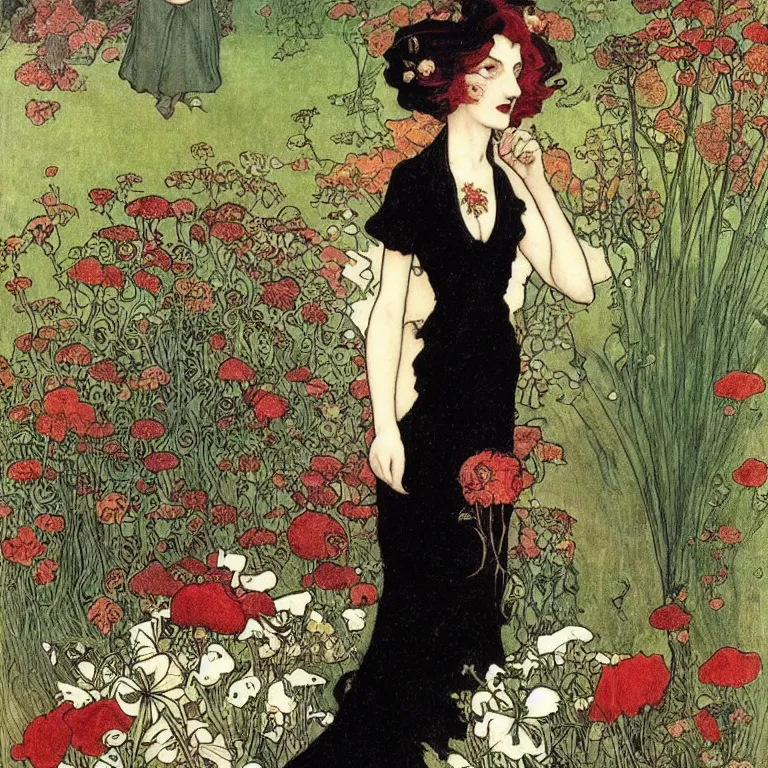 Image similar to Woman standing in a black dress, black and red lips and white hair, she is standing in a garden with flowers and birds Anton Pieck,Jean Delville, Amano,Yves Tanguy, Alphonse Mucha, Ernst Haeckel, Edward Robert Hughes,Stanisław Szukalski and Roger Dean