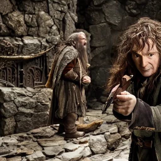 Prompt: scene from the Hobbit Desolation of Smaug, Bilbo has a mauser pistol