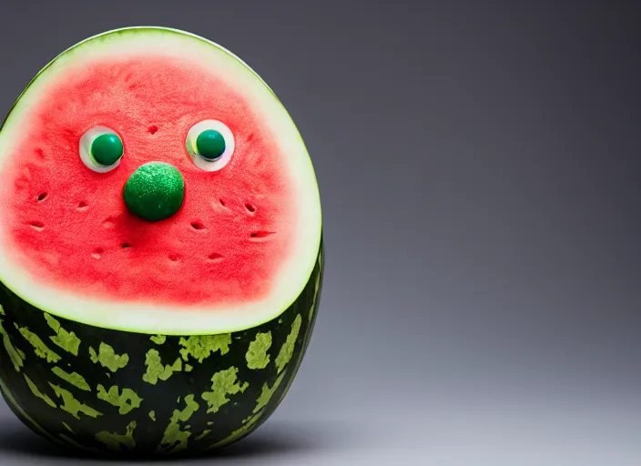 Image similar to photo still of a watermelon with human eyes and mouth, 8 k, studio lighting bright ambient lighting key light, 8 5 mm f 1. 8