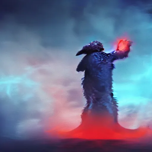 Image similar to low - resolution filmstill of a kaiju monster, fog, smoke, fire, red and blue hues, thriller, underdeveloped, flare, epic, dramatic