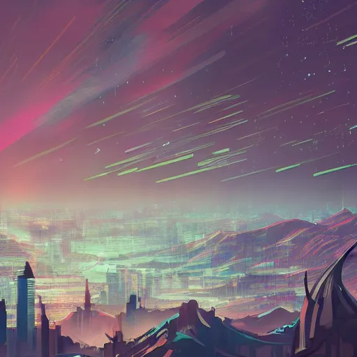 Prompt: far away city in the style of cyberpunk ontop of a mountain, space sky, anime illustration,