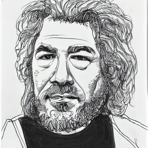 Image similar to continuous single line contour - drawing of jerry garcia, pen on white paper