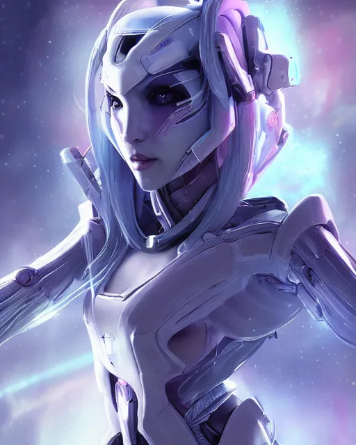 Image similar to perfect android girl on a mothership, warframe armor, beautiful face, scifi, futuristic, galaxy, nebula, raytracing, dreamy, long white hair, blue cyborg eyes, sharp focus, cinematic lighting, highly detailed, artstation, divine, by gauthier leblanc, kazuya takahashi, huifeng huang