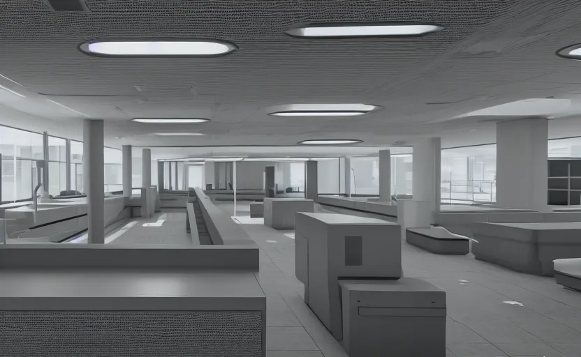 Image similar to screenshot of game on unreal engine 5, a large white empty breakroom with a security checkpoint, photorealistic, retrofuturism, brutalism, staggered terraces, minimalist, soft vintage glow