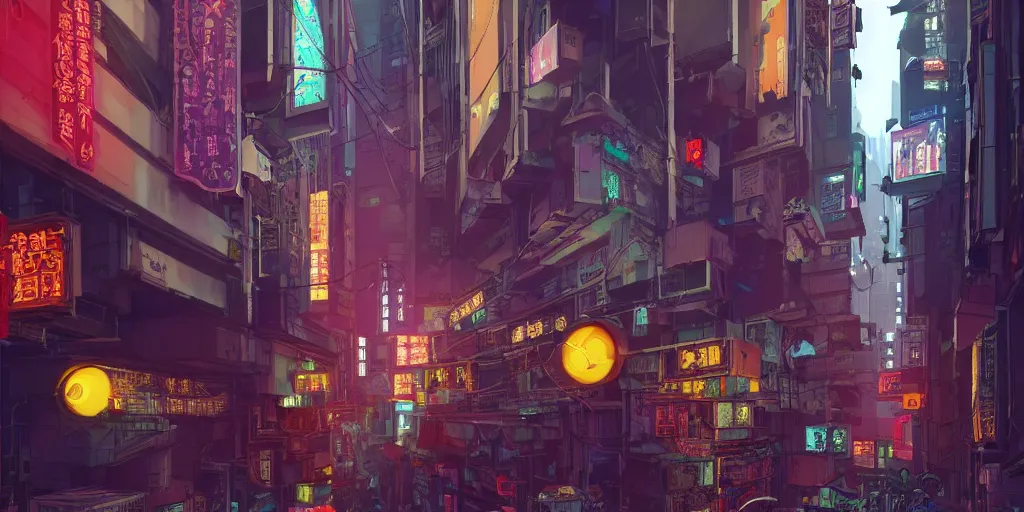 Image similar to a cyberpunk hong kong alley with robots and humans walking around by moebius, pixar color palette, clear details, street level, 8k