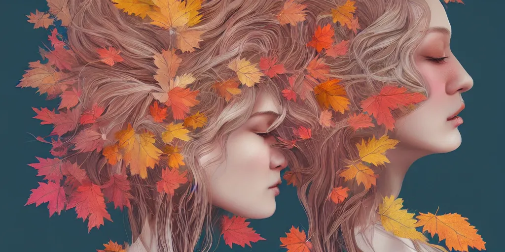 Image similar to breathtaking detailed concept art painting pattern pastel colors of blonde hair faces blend with autumn leaves, by hsiao - ron cheng, bizarre compositions, exquisite detail, 8 k