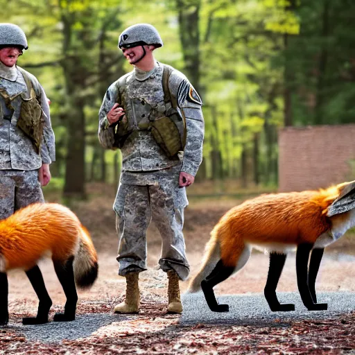 Image similar to a group of fox animals dressed in modern american military soldier uniforms, foxes laughing at a computer, 8 5 mm f / 1. 4