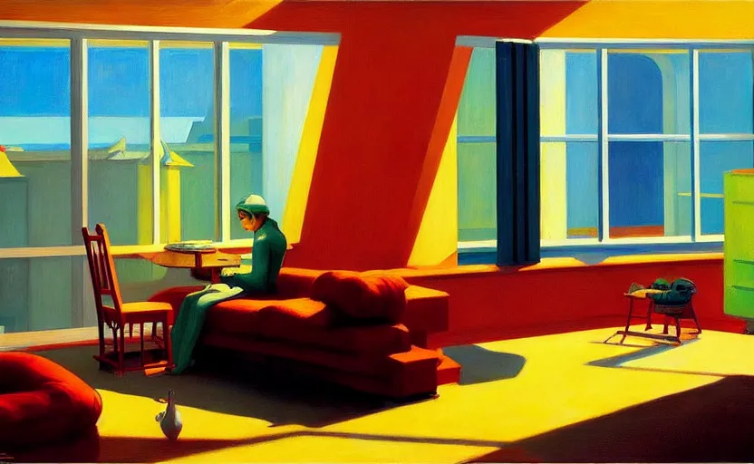 Prompt: Interior shot of contemporary cozy loft, very coherent, painted by Edward Hopper, painted by James Gilleard, airbrush, art by JamesJean