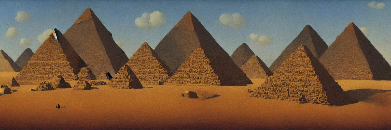 Prompt: pyramids at giza oil painting magritte