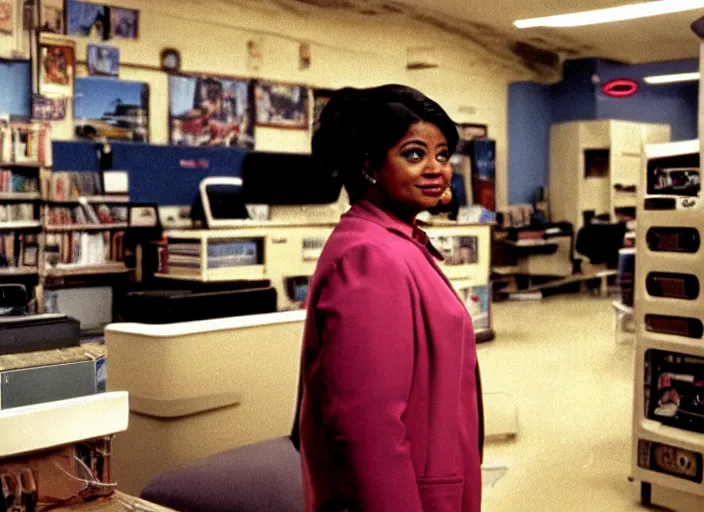 Image similar to cinematic shot of octavia spencer in an small used electronics store, iconic scene from the paranoid thriller sci fi film directed by stanley kubrick, anamorphic cinematography, beautiful composition, color theory, leading lines, photorealistic, volumetric lighting, f / 2 2