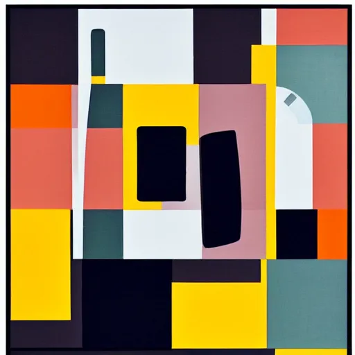 Image similar to A abstract painting in the style of Tatsuro Kiuchi, flat colour-block style, black, navy, olive, mustard, geometric abstraction, painting of a vintage phone, modern pastel colours