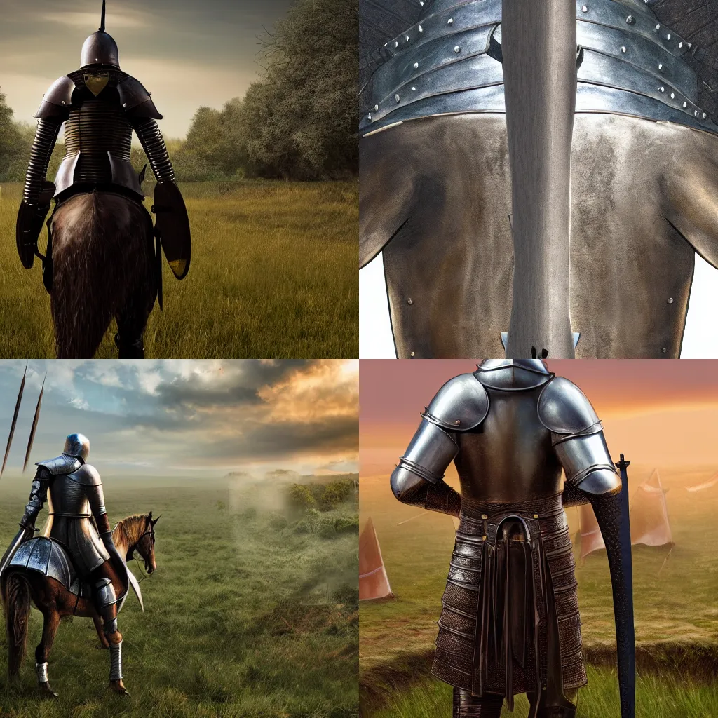 Prompt: art of a medieval knight from the back, in full growth, in the middle of a lonely battleground after battle, 4K, high detailed