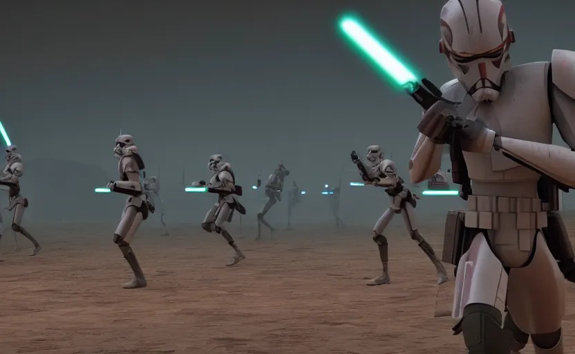 Image similar to found footage of the clone wars in the battlefield, neon star wars, film grain, dark lighting, realistic, photograph, silent hill style, detailed cinematic lighting