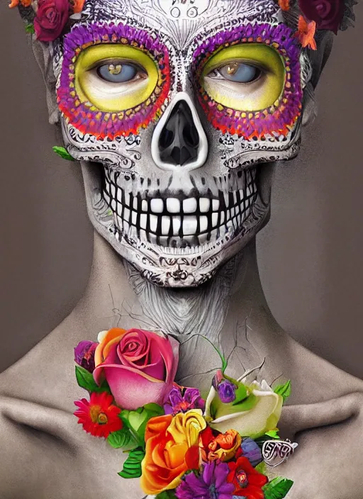 Image similar to dia de los muertos theme surrealist art in the styles of igor morski, jim warren, and giuseppe mastromatteo, intricate, hyperrealistic, accurate facial details, profile picture with chromakey!!!!! background, volumetric lighting