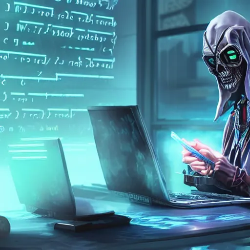 Image similar to a lich sitting in front of a computer writing code, phylactery in his other hand, cyberpunk style