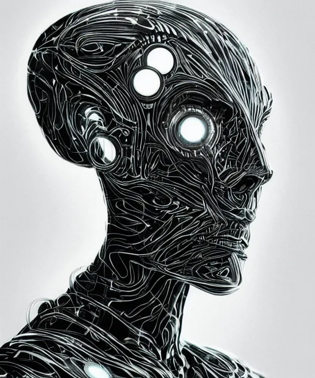 Image similar to a man turning into an Android portrait wearing a part cybernetic body, surrealism , scifi, intricate, elegant, sharp eyebrows, highly detailed cybernetic body, neon glowing eyes, digital painting, artstation, concept art, smooth, sharp focus, illustration, art by Artgerm and moebius and Peter Mohrbacher