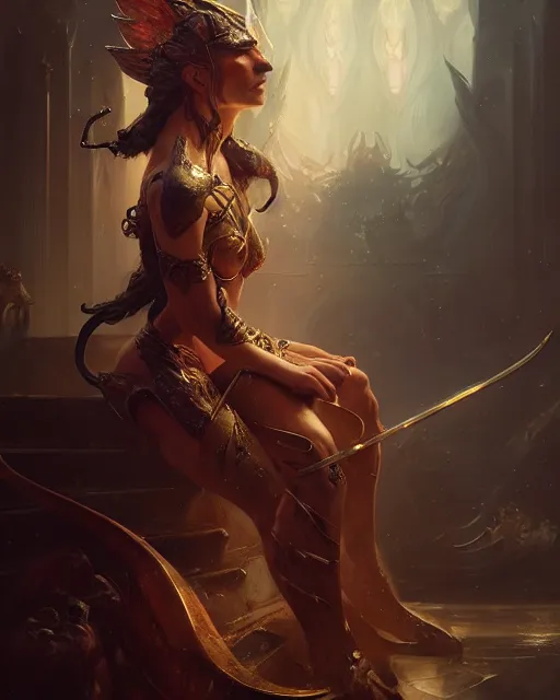 Image similar to daniel gerhartz and wlop and tom baghshaw, detailed portrait, digital painting of a beautiful half - tiger half - woman, evil mood, throne room in the background, embers flying, unreal engine, hyper realism, realistic shading, cinematic composition, blender render, octane render, ultrawide shot