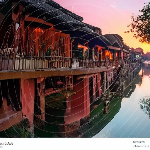 Image similar to peaceful ancient water town in the south of china, zhouzhuang ancient town, sunset glow, movie style