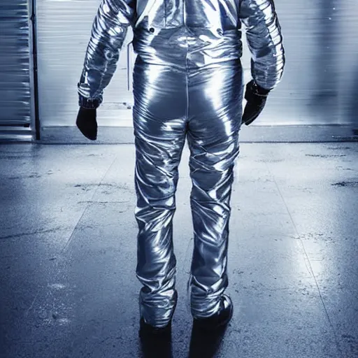 Image similar to mysterious man in silver space suit, walking on a small industrial catwalk, floating in deep space with a black background, photograph, wide angle, long shot