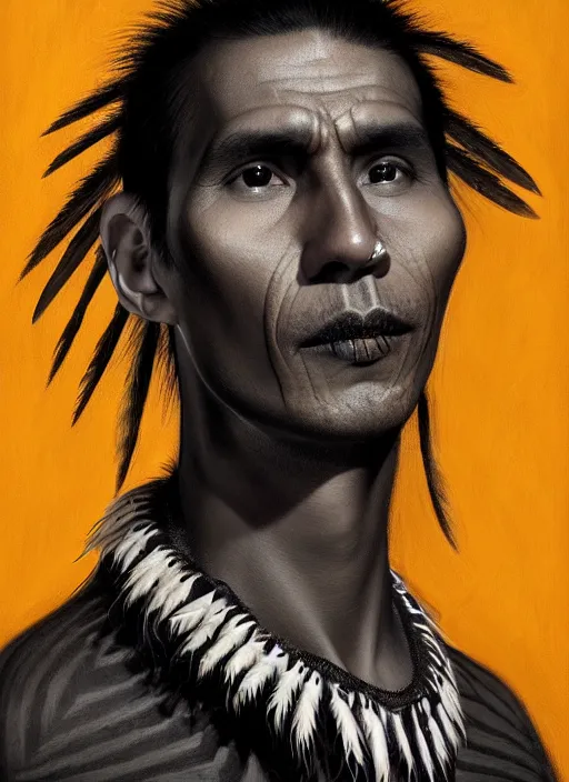 Prompt: portrait of an indigenous man with a crooked nose and a confident expression, 1 9 6 0 s, black clothes, goth, punk, brightly coloured hair, funk, intricate, elegant, highly detailed, digital painting, artstation, concept art, smooth, sharp focus, illustration, art by wlop, mars ravelo and greg rutkowski