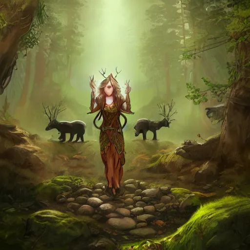 Image similar to elven druid summoning bears in the forest, d & d inspired, trending on artstation, ultra fine detailed, hyper detailed, hd, concept art, digital painting