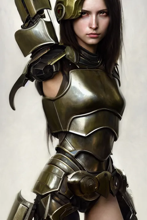 Image similar to a photorealistic painting of an attractive young girl, partially clothed in metal-plated battle armor, olive skin, long dark hair, beautiful bone structure, symmetrical face, perfect eyes, intricate, elegant, digital painting, concept art, illustration, sharp focus, minimal artifacts, from Metal Gear, in the style of Ruan Jia and Mandy Jurgens and Greg Rutkowski, trending on Artstation, award winning