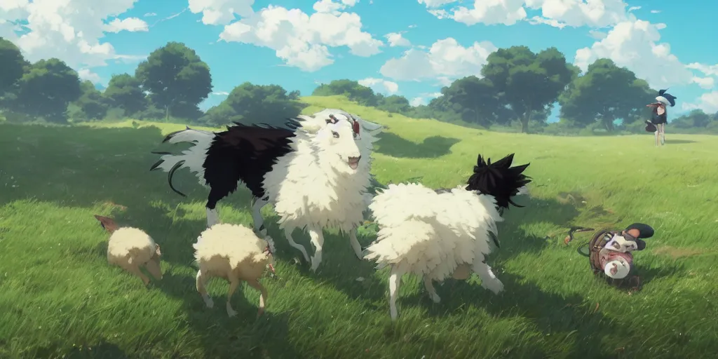 Image similar to border collie chasing sheep on feld nime key visual of luffy studio lit directed gaze, trending on pixiv fanbox, painted by greg rutkowski makoto shinkai takashi takeuchi studio ghibli