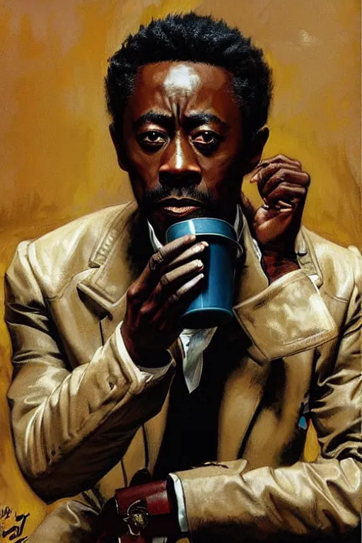 Image similar to attractive don cheadle playing as 2 1 savage drinking coffee, painting by j. c. leyendecker, yoji shinkawa, katayama bokuyo