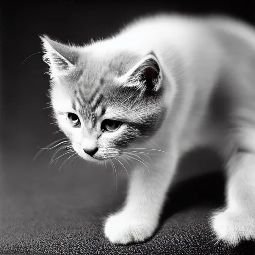 Image similar to a portrait photo of a cute solid gray solid white kitten wearing a tuxedo by edward weston, auto graflex, 2 1 0 mm ƒ / 6 4 zeiss tessar, agfa isopan iso 2 5, pepper no. 3 5, 1 9 3 0, high quality photo, highly detailed, studio lighting, fine - art photography, tack sharp