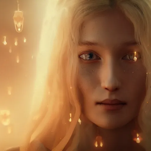 Prompt: masterpiece portrait on stain glass! of an aesthetic beautiful realistic blond priestess, 3 0 years old woman, praying, cinematic light, by wlop, atmospheric effects, fireflies, 4 k, octane render, artstation, deviantart, close view