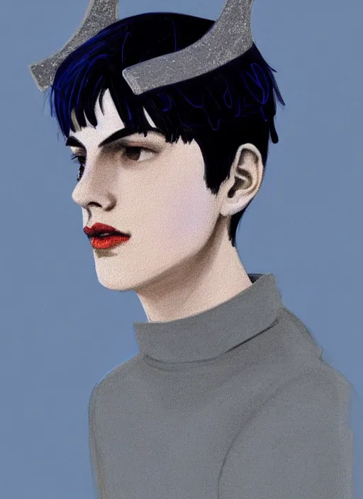 Image similar to portrait of teenage jughead jones wearing a light grey crown, crown, blue turtleneck, 1 9 5 0 s, closed eyes, photorealistic, black hair, glowing lighting, intricate, elegant, glowing lights, highly detailed, digital painting, artstation, concept art, smooth, sharp focus, illustration, art by wlop, mars ravelo and greg rutkowski