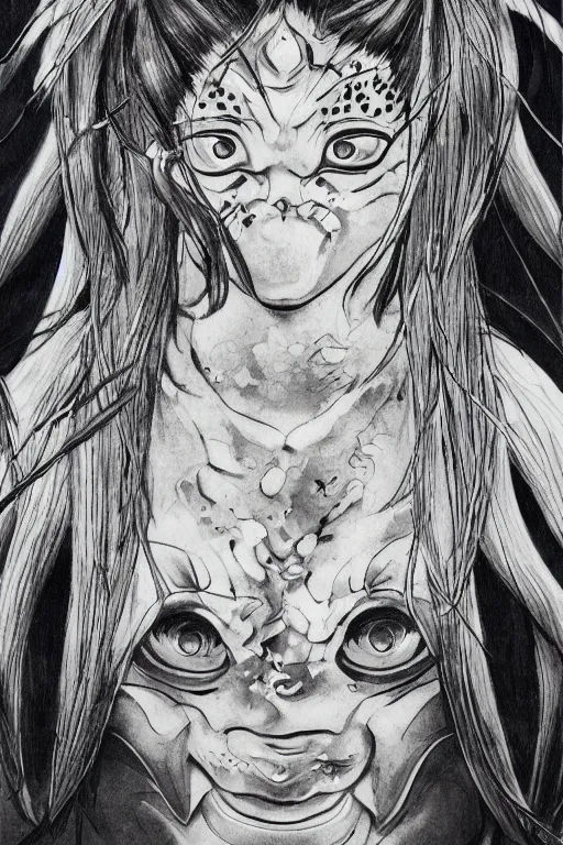 Image similar to beautiful Oni portrait by Soga Shōhaku, high detail, full body, Ink wash painting, monochrome