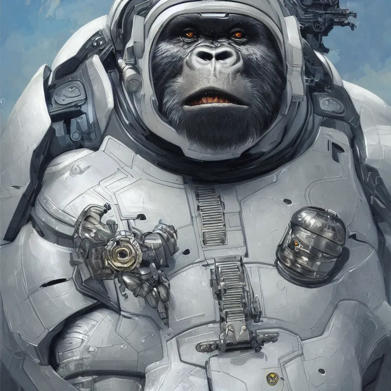 Image similar to detailed science-fiction character portrait of a silverback gorilla wearing a white armored space suit, intricate, wild, highly detailed, digital painting, artstation, concept art, smooth, sharp focus, illustration, art by artgerm and greg rutkowski and alphonse mucha