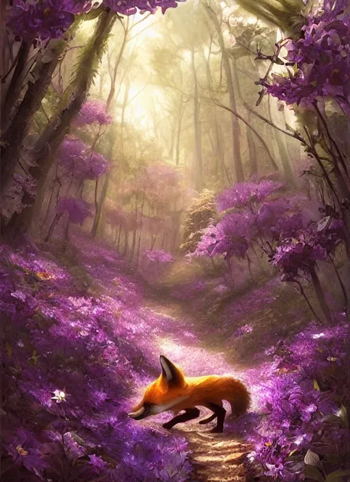 Image similar to Magical fox, sneaking in a forest, fantasy, painting, violet flowers, atmospheric, illustration, low angle, high quality, highly detailed, Marc Simonetti, Andreeva Katerina