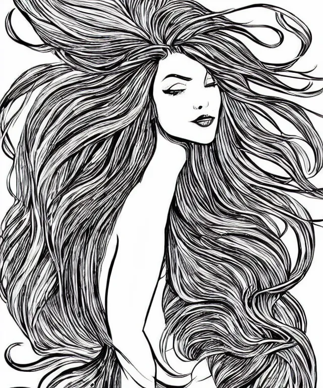 Prompt: black and white illustration, beautiful mermaid with flowing hair