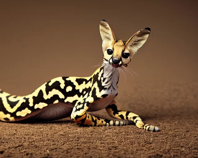 Prompt: an award winning photo of a serval - headed ball python, legless!!!!!!!!!, environmental portrait photography, national geographic, 4 k, sharp focus