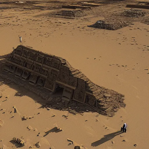 Image similar to archeological dig reveals wrecked alien spacecraft in egypt, pyramids in background, artstation