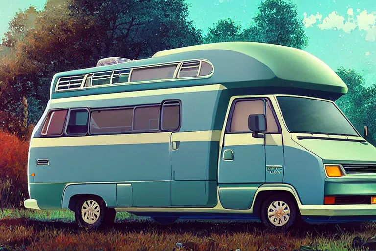 Image similar to a wholesome animation key shot of one!! focused 1 9 9 4 fiat hymer! motorhome! in the romanian! countryside, medium shot, studio ghibli, ( pixar ) and disney animation, sharp, very detailed, high resolution, rendered in unreal engine 5, anime key art by greg rutkowski, bloom, dramatic lighting