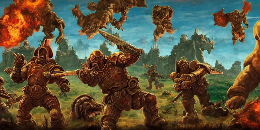 Prompt: Medieval fresco of the Doom Slayer from Doom Eternal fighting and shooting The Teletubbies in hell, 4k, highly detailed,