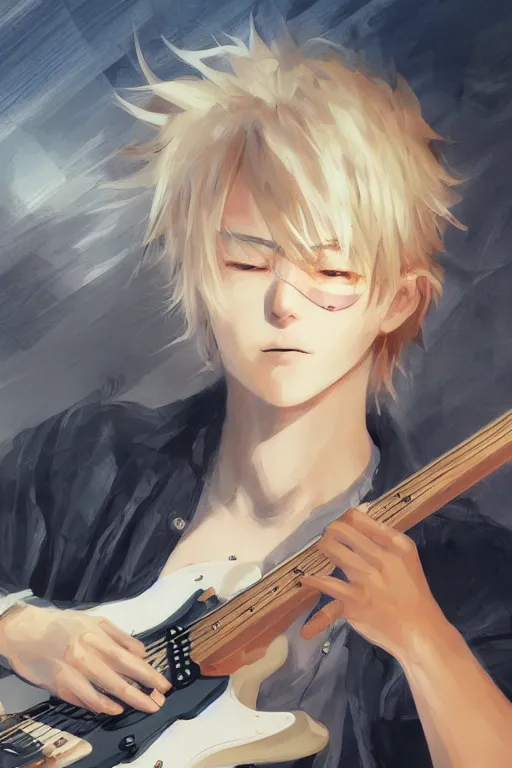 Image similar to blonde wild hair anime boy with eye - patch playing fender stratocaster, close - up portrait, plain white tshirt, powerfull, intricate, elegant, volumetric lighting, scenery, digital painting, highly detailed, artstation, sharp focus, illustration, concept art, ruan jia, steve mccurry