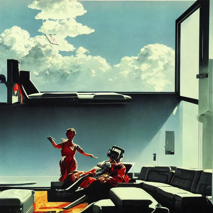 Prompt: a futuristic minimalist lounge room with a big window opening up to a wide open meadow with billowing clouds in the sky. highly detailed science fiction painting by norman rockwell, frank frazetta, and syd mead. rich colors, high contrast, gloomy atmosphere. trending on artstation.