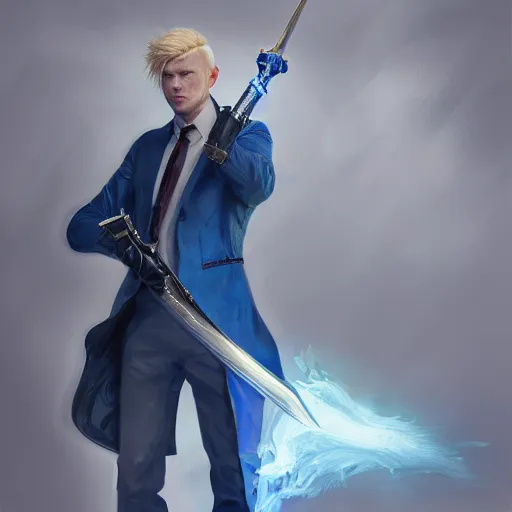 Image similar to a man with blonde hair in a blue suit wielding a large sword and a gun in a holster, fantasy, digital painting, volumetric light, intricate, sharp, focus, bloom, illustration, highly detailed, concept art, matte, ruan jia, randy vargas, greg rutkowski